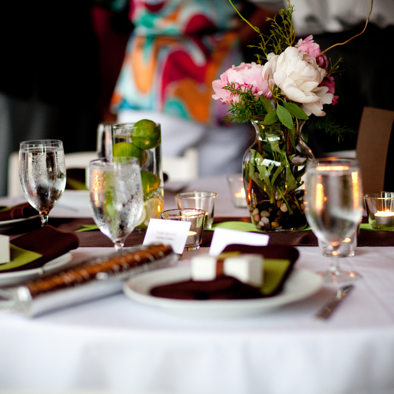 Banquet table setting with flowers