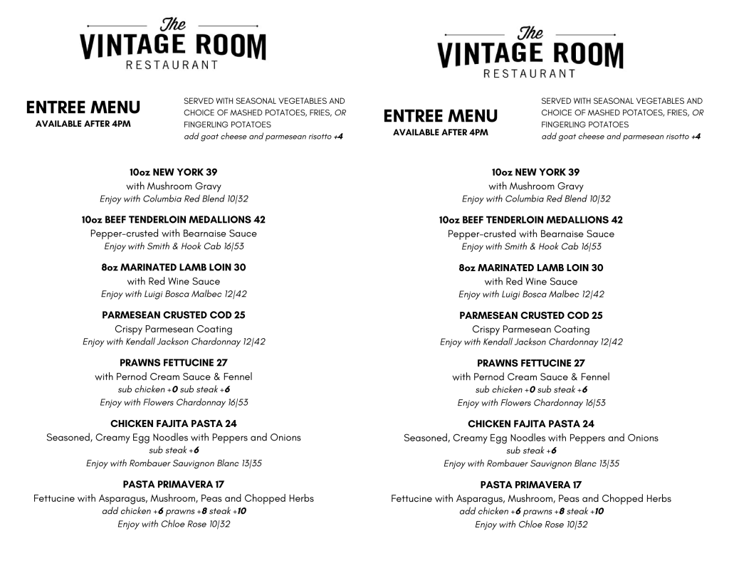 2025 Spring VR Entrees Menu