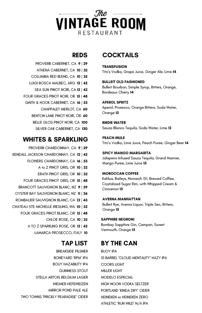 Vintage Room Drinks Menu 6.2025