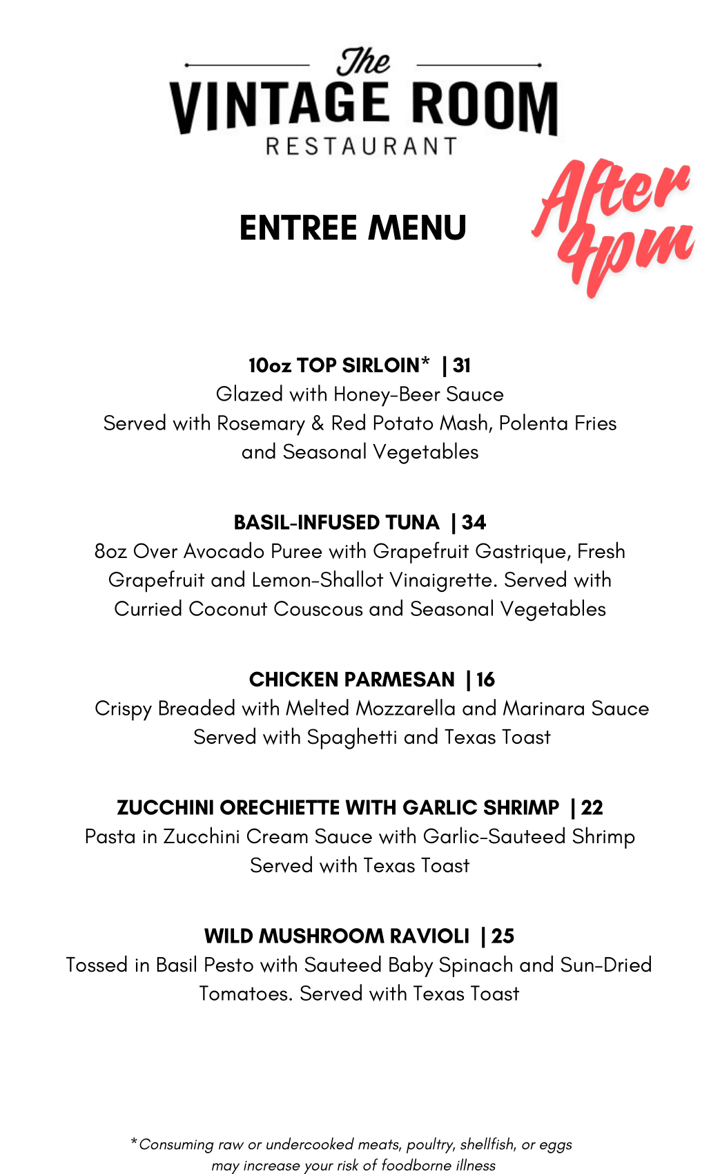 VR Entrees Menu 