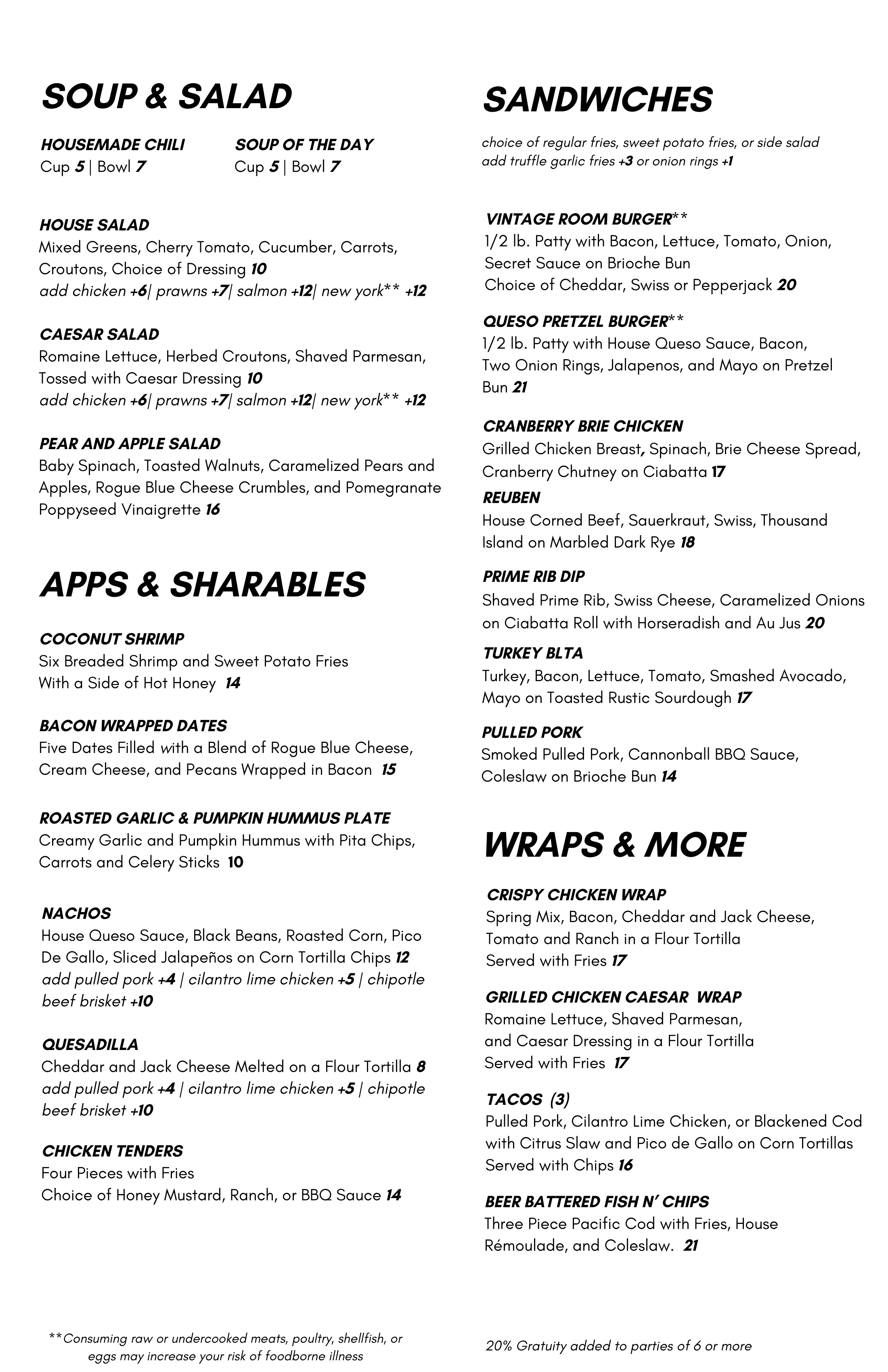 Vintage Room Menu 2025 