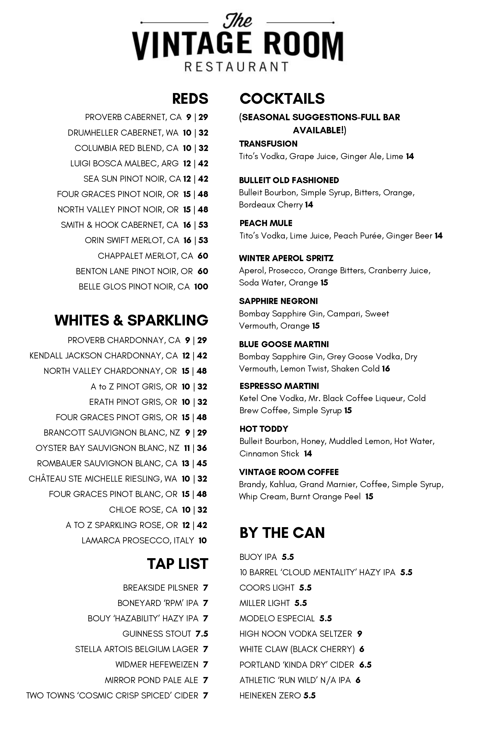 Vintage Room Drinks Menu