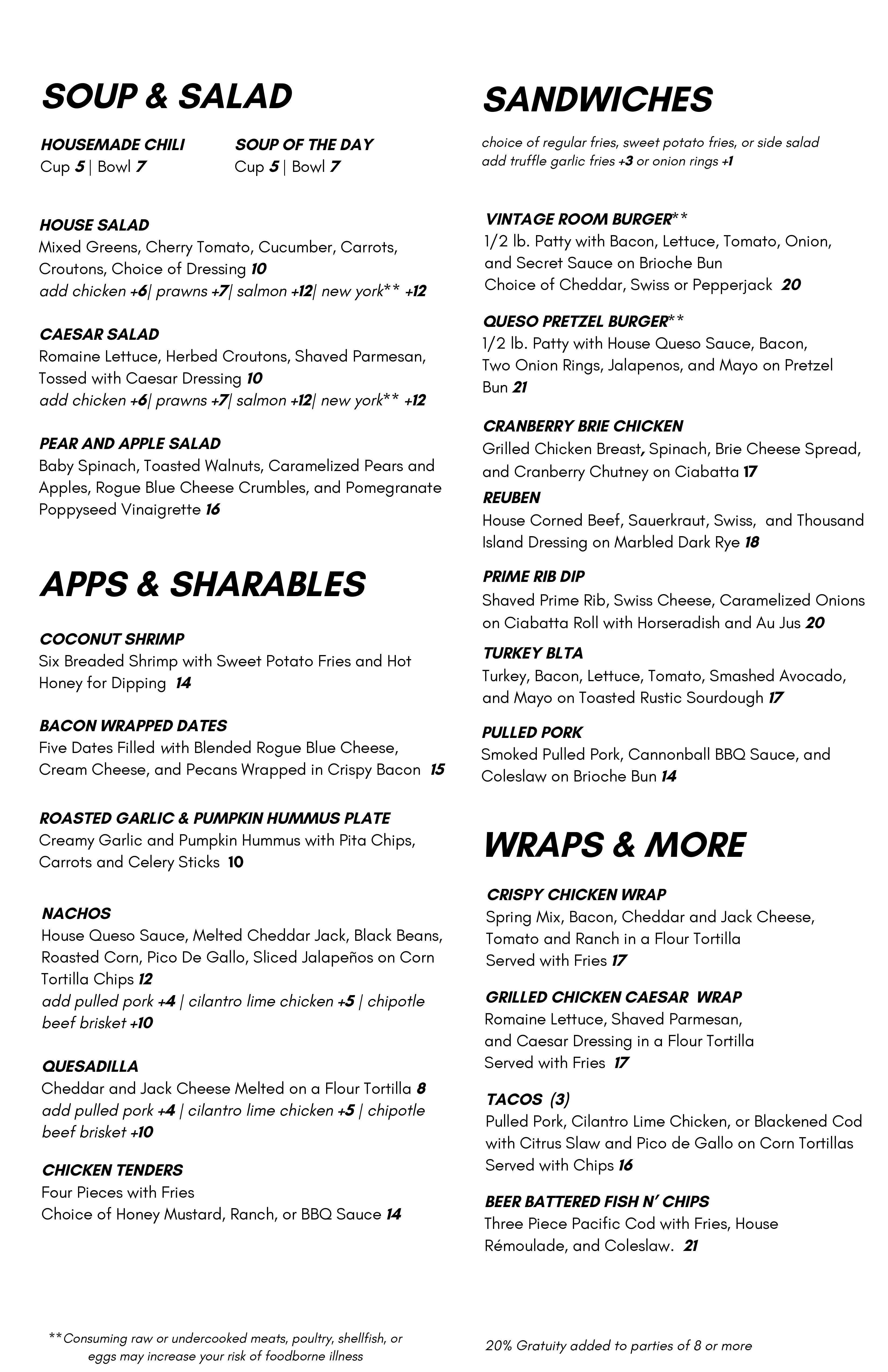 Vintage Room Menu 2025