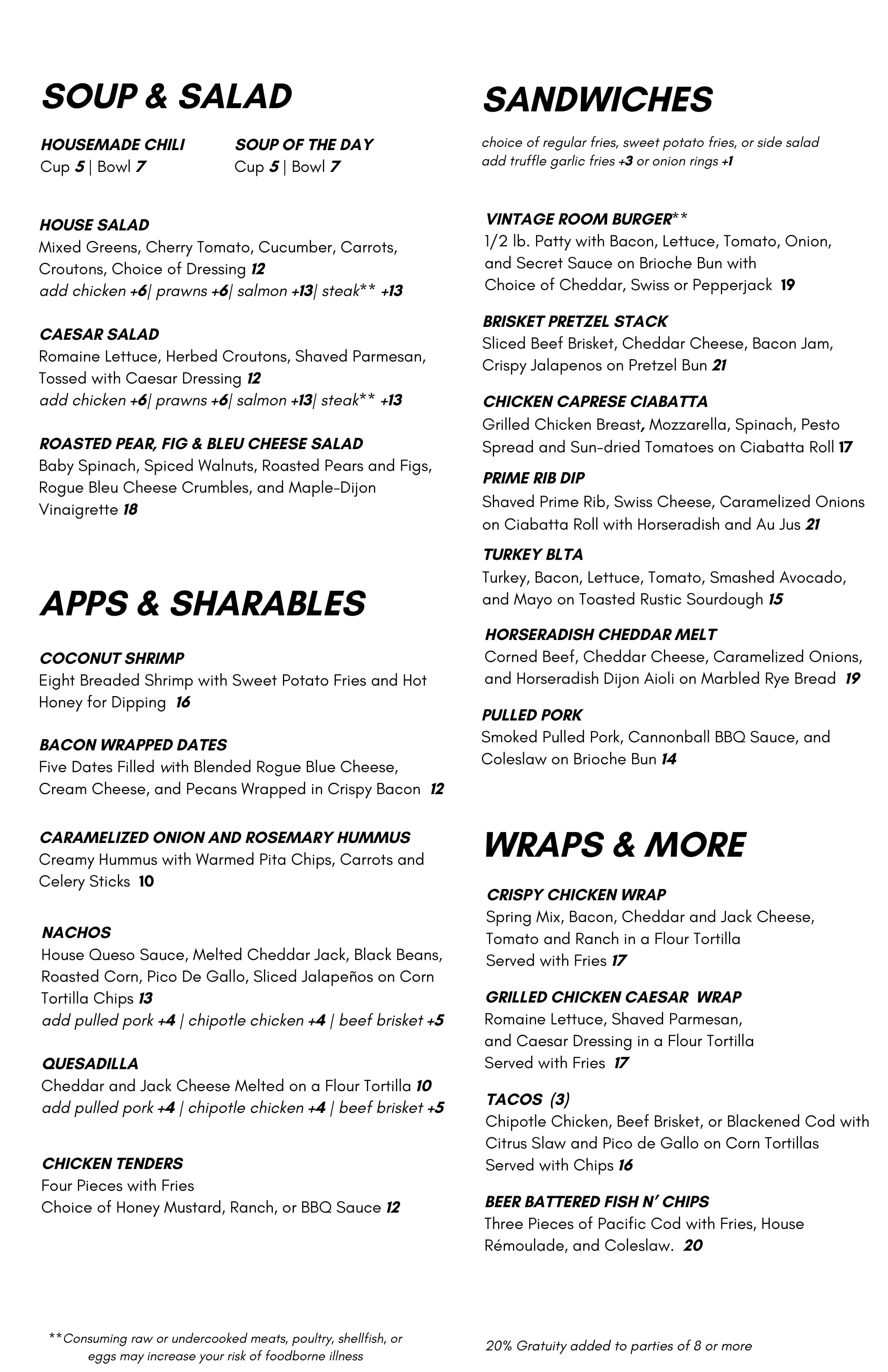 Vintage Room Menu 2026