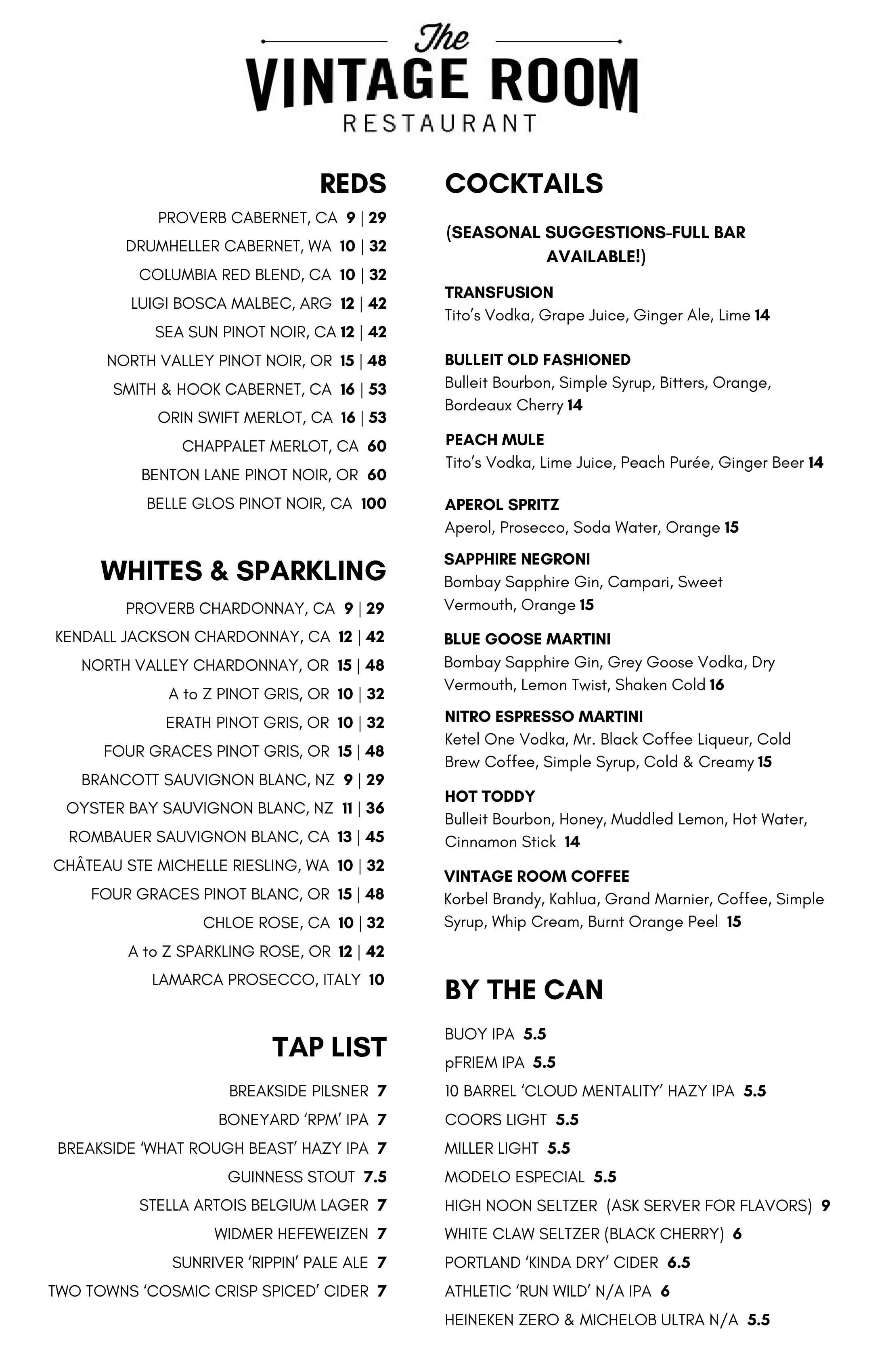 Vintage Room Drinks Menu