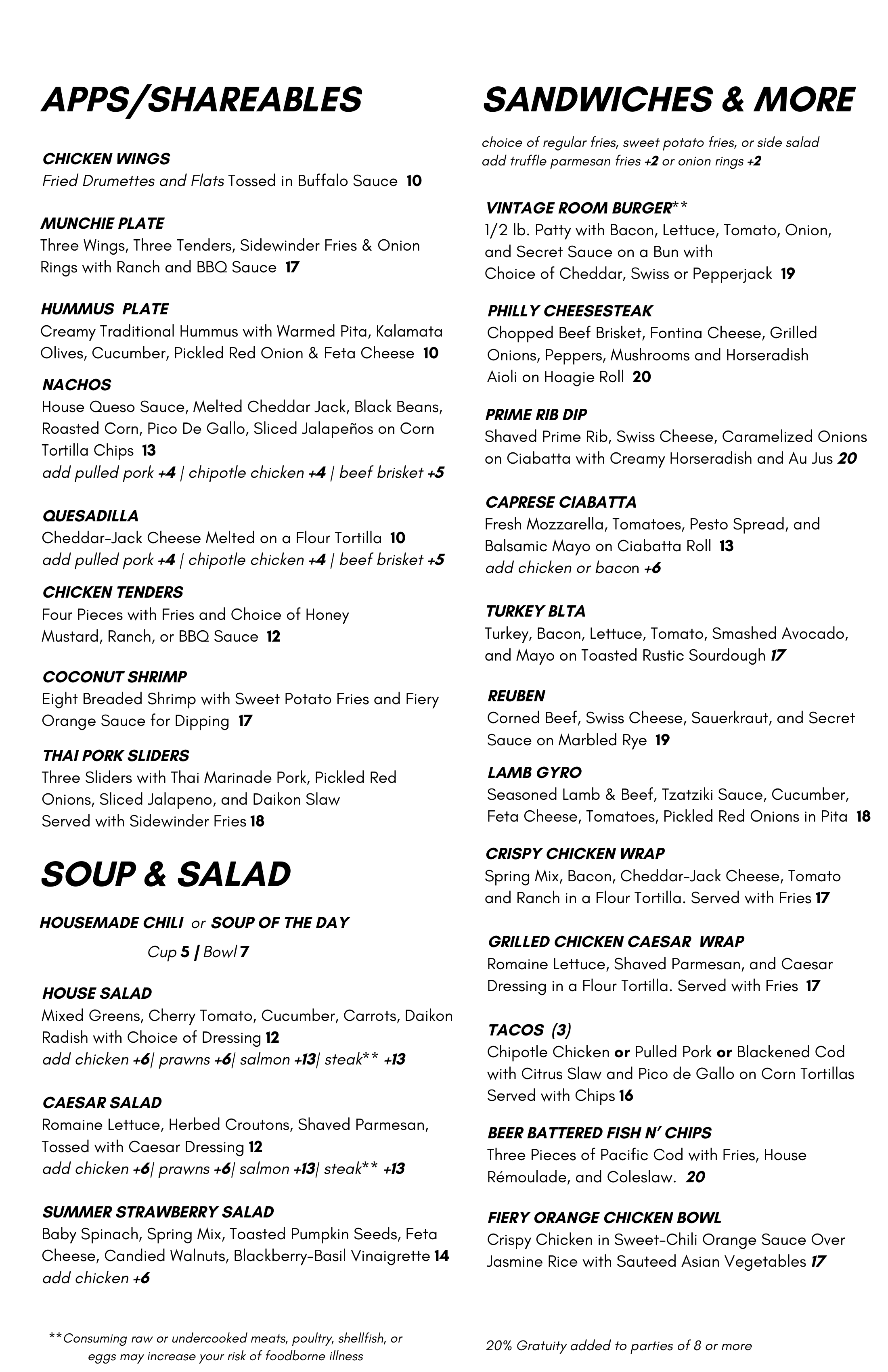 Vintage Room Menu