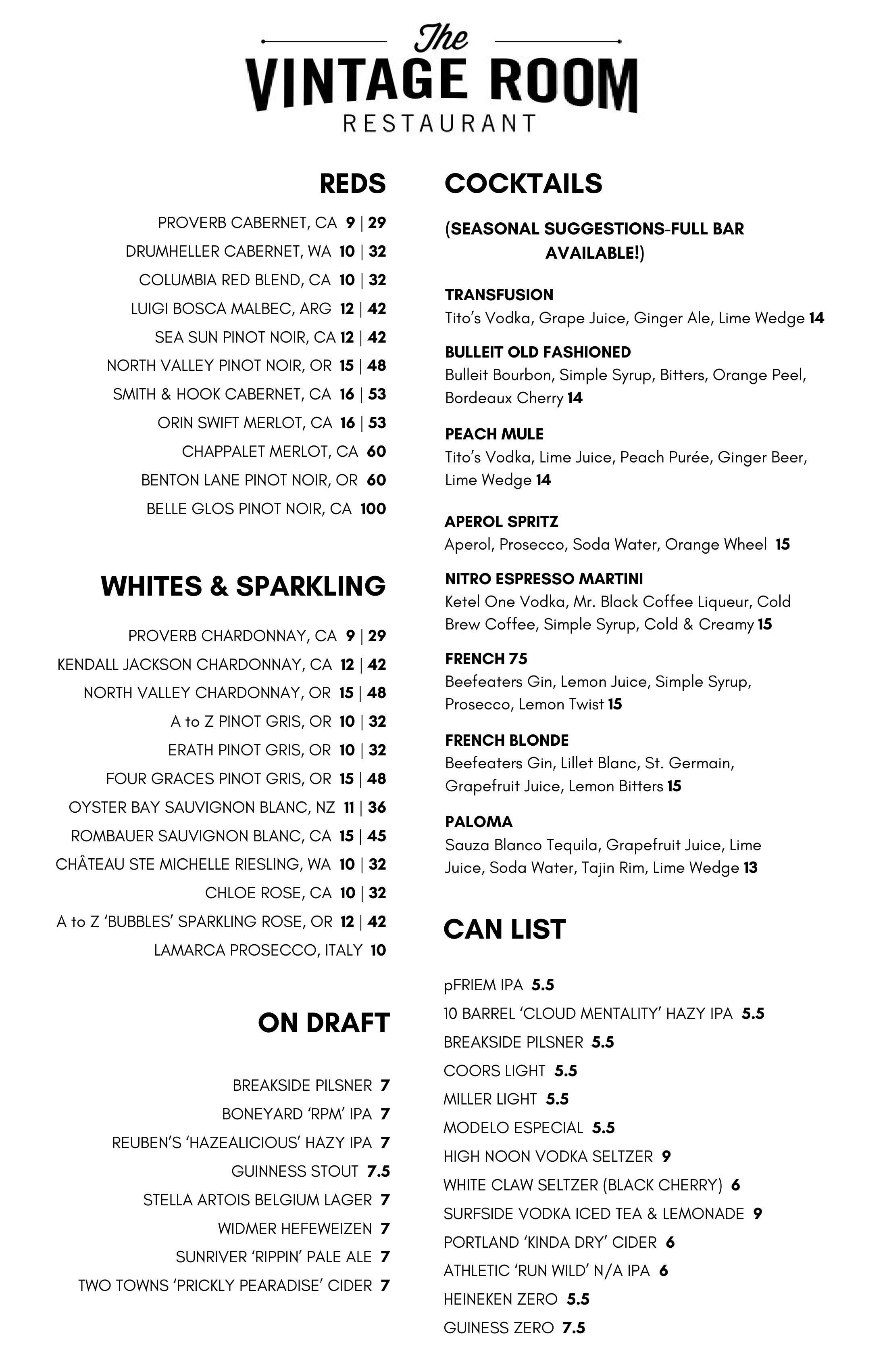 Vintage Room Drinks Menu 