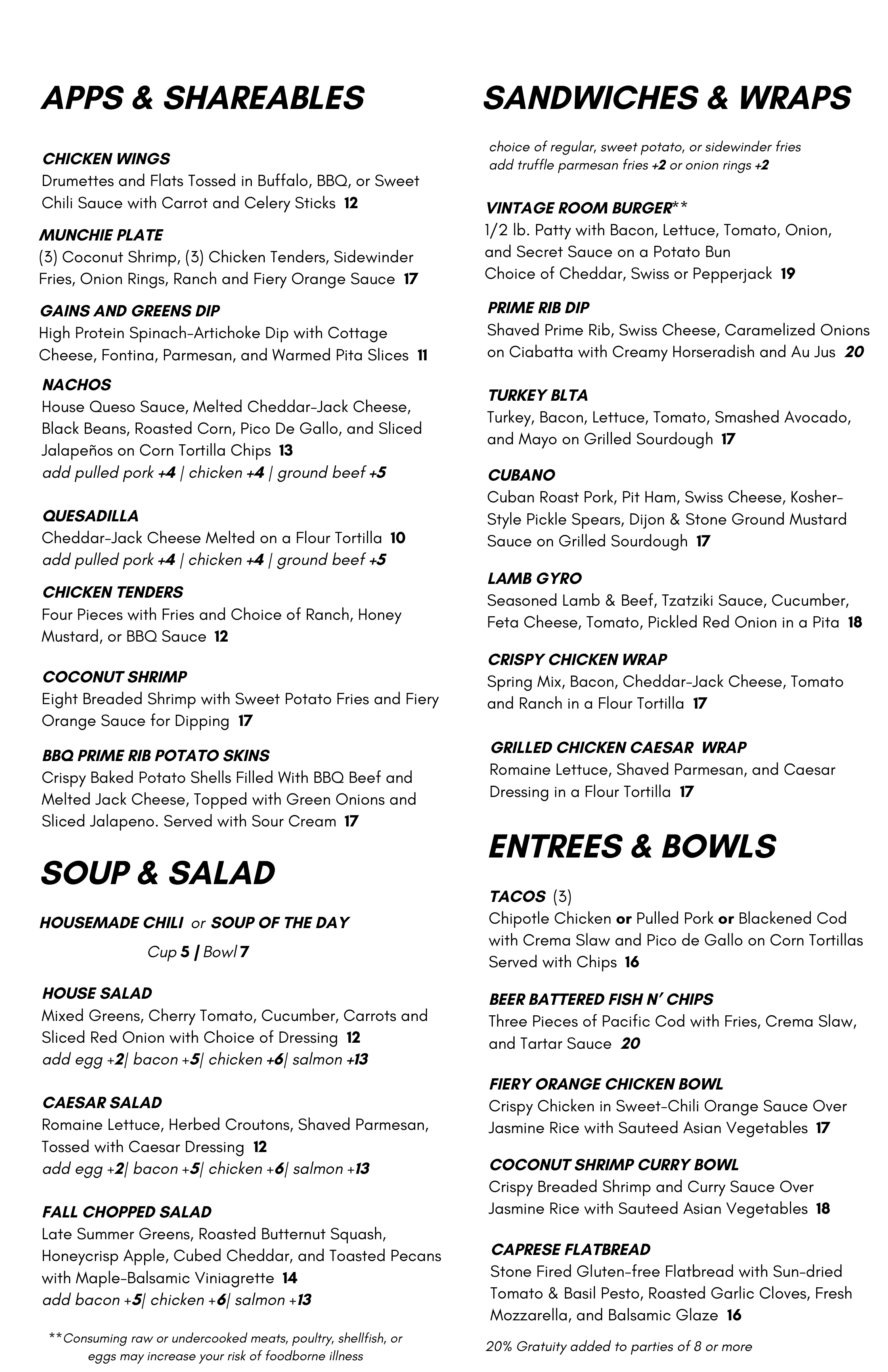 Vintage Room Menu 2026